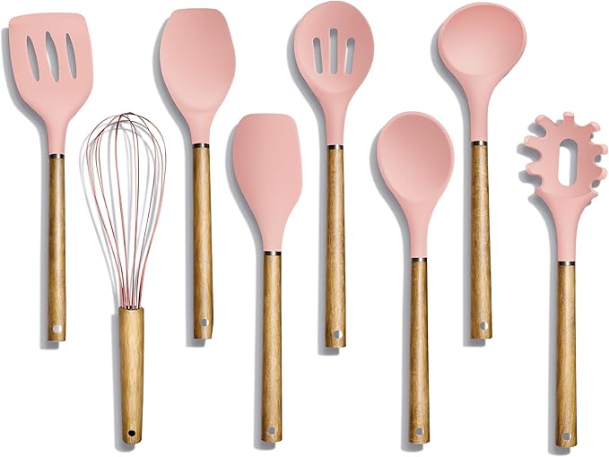 Country Kitchen Non Stick Silicone Utensil Set with Rounded Wood Handles for Cooking and Baking, 8 Piece Set, Pink by CountryKitchen
