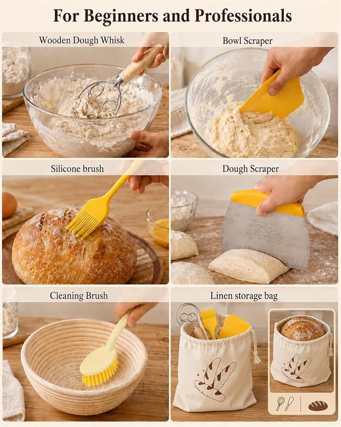 37 PCS Sourdough Starter Kit with Digital Scale, Timer, Thermometer, Bread Baking Supplies Kit, Round & Oval Banneton Proofing Basket Dough Whisk Bread Lame Complete Bread Making Tools Set - Image 6