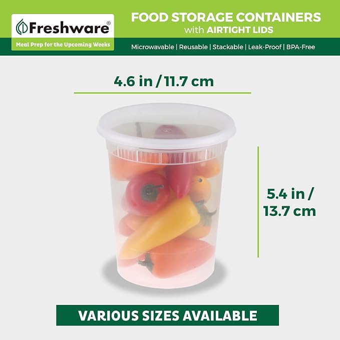 Freshware Food Storage Containers [24 Set] 32 oz Plastic Deli Containers with Lids, Slime, Soup, Meal Prep Containers | BPA Free | Stackable | Leakproof | Microwave/Dishwasher/Freezer Safe - Image 3