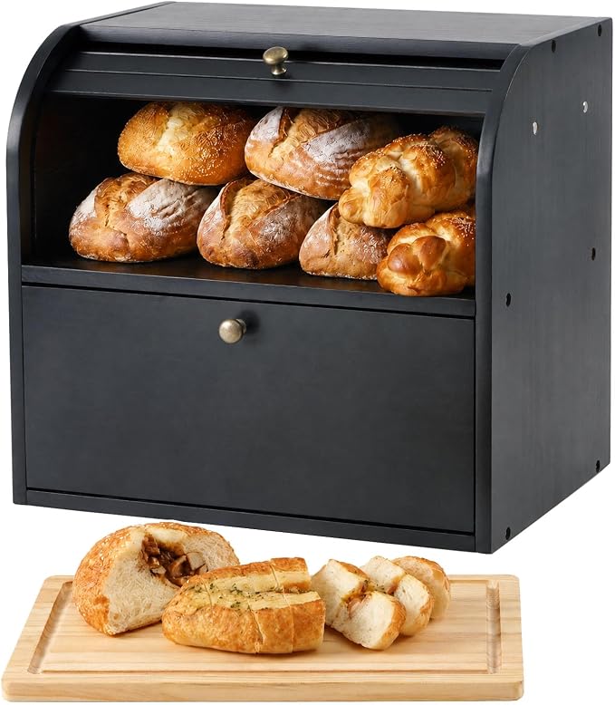 Sunhoo Wooden Bread Box for Kitchen Countertop, Roll Top Breadbox, Black | Large Double Layer Pantry Container, Solid Wood with Cutting Board, Fresh Homemade Sourdough Bin Cabinet, Vintage Farmhouse by Sunhoo