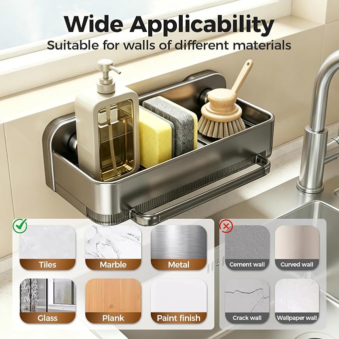 Sponge Holder for Kitchen Sink,2026 Sink Caddy Organizer with Suction Cups,Rustproof Kitchen Storage Rack for Sponge,Soap,Stopper,Brush (1, A-Grey) - Image 7