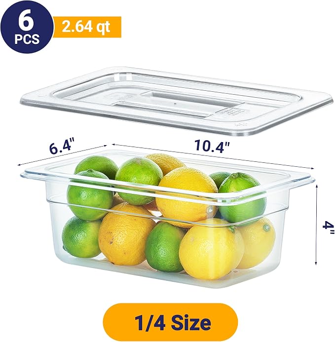 BIEAMA 6 Pack 1/4 Size 6" Deep NSF Polycarbonate Food Pans with Lids | Stackable clear containers for meal prep, buffet, salad bars, commercial & home kitchen; dishwasher safe and freezer safe - Image 2