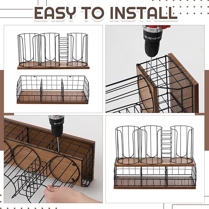 18oz Adjustable Coffee Cup Dispenser with Wooden Base, Cup and Lid Holder, Cups Holder Organizer for Coffee Pod Straw and Lid Storage(4-compartment Double,Color 1) - Image 4
