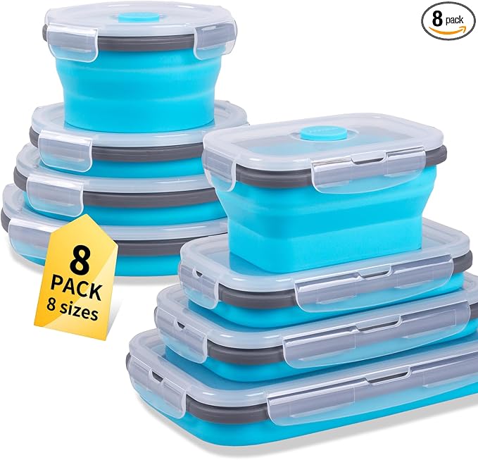 8 Pack Collapsible Food Storage Containers with Lids, Silicone Collapsible Food Containers, Collapsible Storage Containers Sets for Snack Camping RV, Microwave Freezer Dishwasher Safe, Blue by Annaklin