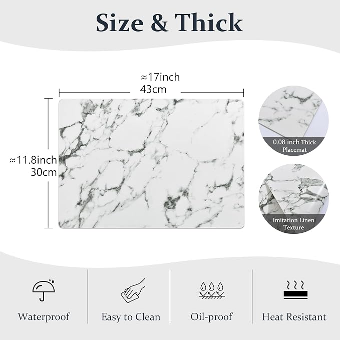 FROMHEART Faux Leather PU Placemats Set of 8 (Marble,11.8" x 17") | Waterproof,Heat/Oil Stain-Resistant Table Mat–Reversible,Non-Slip,Easy to Clean Place Mats for Kitchen,Dining,Indoor/Outdoor - Image 2
