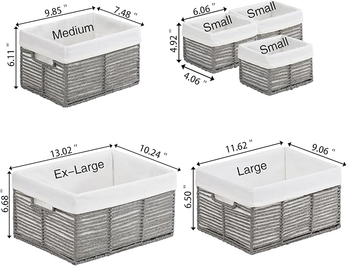 Wicker Storage Basket, 6 Pack Baskets for Organizing, Wicker Baskets with Handle, Rectangular Wicke Basket for Storage Shelves, Cube Storage Bins for Closet/Clothes/Dresser, Grey - Image 2