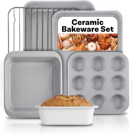 Gotham Steel 6 Pc Stackable Baking Pans Set, 70% Space Saving Design, Ceramic Bakeware Sets Non Toxic Made Without PFOA PFOS, with Baking Sheet Tray, Cake & Muffin Pans, Oven & Dishwasher Safe by GothamSteel