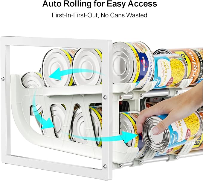 Pantry Can Organizer - Auto-Rolling, Expandable, Holds 120 Cans | White, Stackable For Walk-in Deep Pantry Shelve, Adjustable Width for Food Cans, Sturdy Metal Frame, Easy Access & Restocking - Image 4