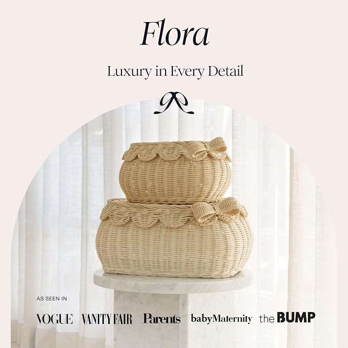 BEBE BASK Original Scalloped Bow Basket with Lid - Set of 2 (15x11x6 In) | Award Winner, Handwoven Rattan, Scalloped Wicker Basket, Woven Baskets for Storage, Nursery Storage, Scallop Basket (Bow) - Image 2
