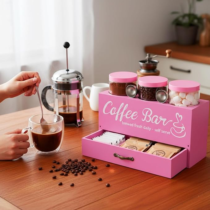 3 Pcs Coffee Bar Containers Set Include Coffee Sugar Container with Lid and Spoon and Double Layer Storage Box with Drawer for Bar Kitchen Countertop(Pink) - Image 5