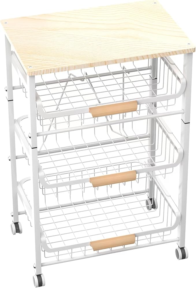 NiuYichee 4-Layer Fruit Basket Kitchen Food Storage Organizer and Storage Rack, Stackable Storage cart with Desktop, Pull-Out Hollow Metal Storage Basket, liding Out Storage,White by NiuYichee