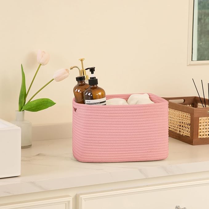 OIAHOMY 4 Pack Storage Baskets for Organizing, Cube Storage Bins for Shelves, Rectangle Storage Baskets With Handles, Woven Baskets for Storage, 12.7''Lx9''Wx7.8''H, Pink - Image 5