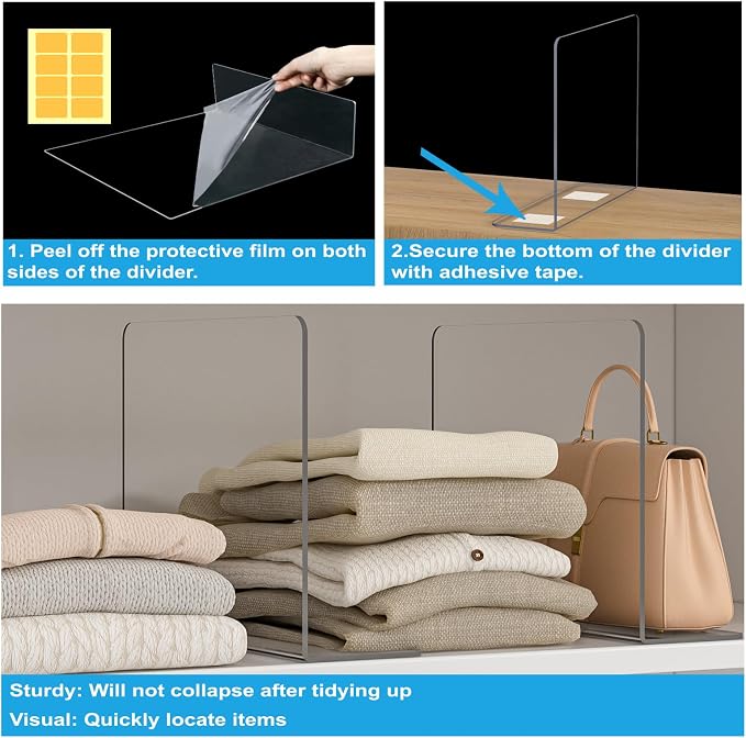 OKPOW Shelf Dividers Closet Organizer - 12" Tall X 9" Deep Acrylic Clear Sturdy Separate for Clothes Purse - Adjustable Space Saver Easy Install for Home Organization Enthusiasts 12 Pack - Image 3