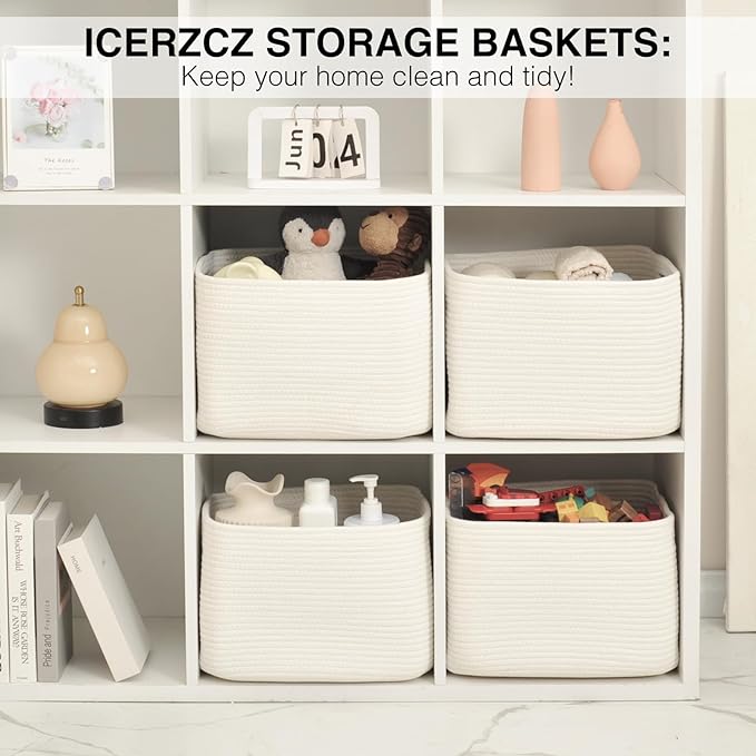 ICERZCZ Storage Baskets for Organizing & Shelves, Woven Cotton Rope Organization Bins for Dog Toys, Clothes, Books, Nursery Organizer, 15"Lx11''Wx9.5''H, (4 Packs) Off White - Image 6