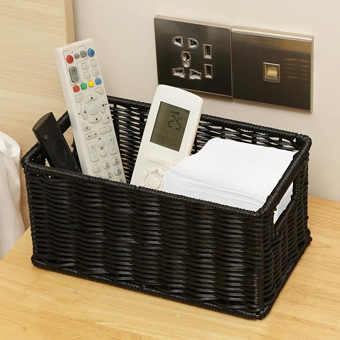 HOONEX Wicker Baskets for Storage, Plastic Baskets for Organizing with Dual Handles, Woven Baskets for Storage, Set of 2, Black - Image 5