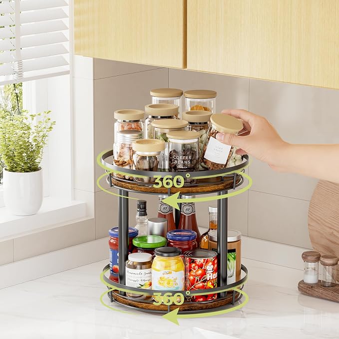 LAMU 12'' Wood Lazy Susan Spice Rack Organizer, 2 Tier Spice Organization for Cabinet, Countertop, Kitchen, Table Top, Pantry, Condiment and Seasoning Rack Organizer - Image 5