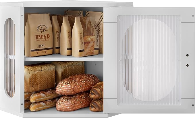 Alpeir Corner Bread Box for Kitchen Countertop, 3 Adjustable Height, White | Solid Pine Wood, Hold 2 Loaves, Strong Acrylic Window, Easily Care, Farmhouse Pantry Container for Home Baker, Family of 4 by AlpeirDirect