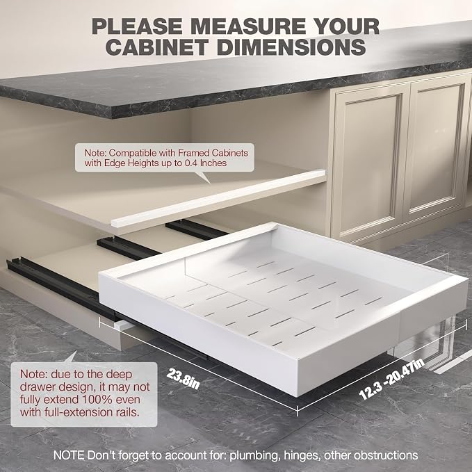 Seinloes 2 Pack Pull Out Cabinet Organizer 24" Deep,Full Extension 3 Slide Rails Slide Out Drawers With Raising Pad for Framed Cabinets,Expandable Width (12.3"-20.5"),No Drill Roll Out shelf,White - Image 4