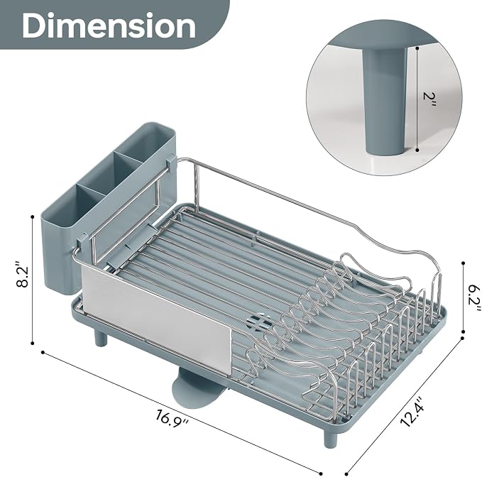 Urackify Dish Drying Rack - Stainless Steel Dish Rack with Auto Drain, Blue | Rustproof Dish Drainer with Cutlery Holder & Auto Drain, 16.9" L x 12.4" W Big Load for Plate Dish Sliverware, Light Geen - Image 2