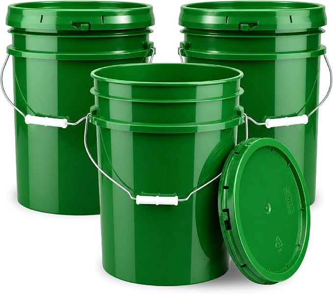 5 Gallon Bucket - Food Grade w/Lid BPA-Free, 3 Pack - Green | Airtight Gasketed Tear Strip Lid, Heavy-Duty 90 Mil HDPE Plastic Pail, Bulk Storage, Food Safe Durable Container, Made in USA by ePackageSupply