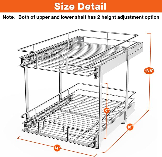 ROOMTEC Individual Pull Out Cabinet Organizer (14"W x 18"D), 2 Tier Spice Rack Organizer for Cabinet, Slide Out Drawer Pantry Shelf Organization and Storage for Kitchen Bathroom - Image 3