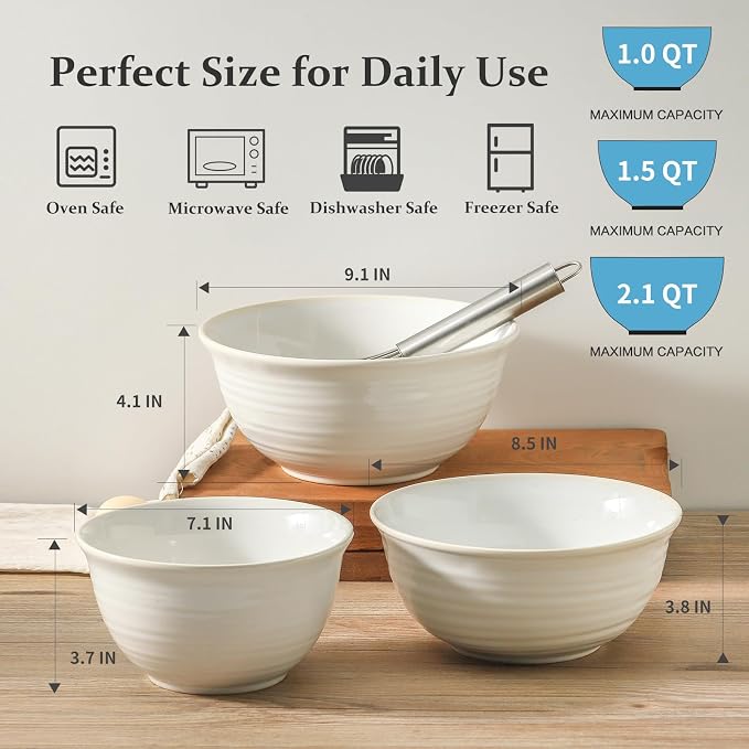 Hasense Mixing Bowls, Ceramic Serving Dishes for Cooking, Baking, Prepping, Nesting Bowls for Salads, Fruit, Popcorn, 2.1/1.5/1.0 Qt, Dishwasher & Microwave Safe, Clay-Infused White - Image 2