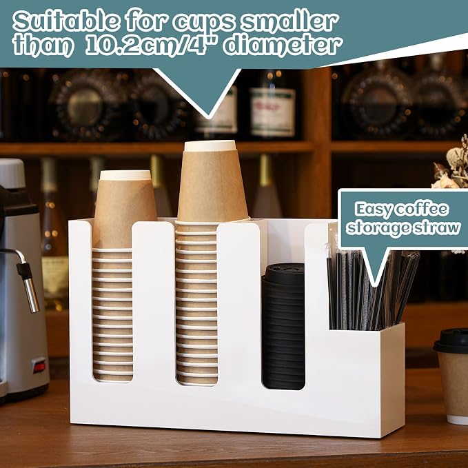 4 Compartments Acrylic Coffee Cup and Lid Storage Organizer Holder Disposable Paper Cup Dispenser Organizer Plastic Lid Holder Accessories for Kitchen Bar Shop Party Supplies (White) - Image 7
