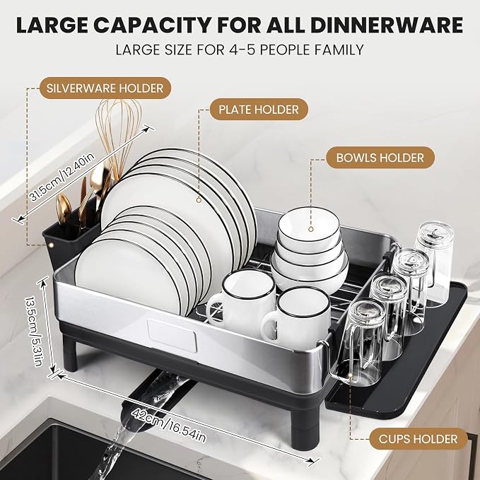 Stainless Steel Dish Drying Rack - No Rust Extra Large Capacity Dish Drainer Rack for Kitchen Counter with Drain Board Set Adjustable Spout Detachable Utensil Cup Holder for Big Family - Image 2