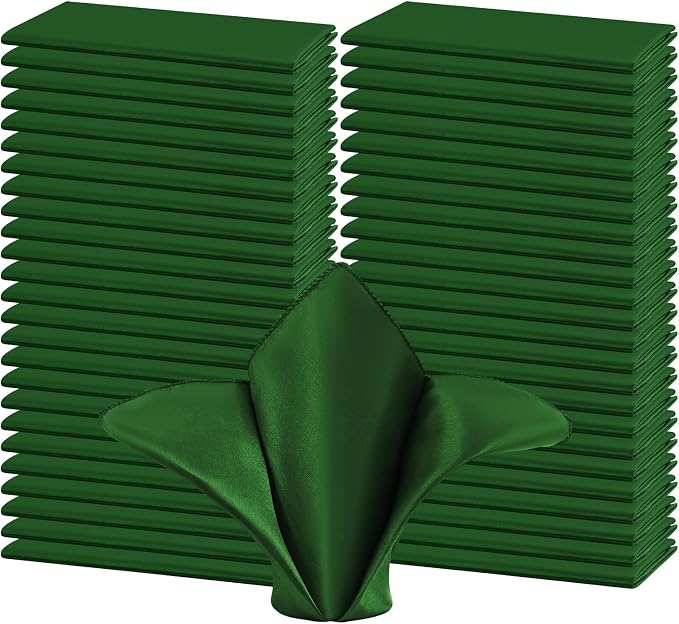 50 PCS Green Square Satin Cloth Napkins, 20 X 20 Inch | Soft Smooth, Washable Reusable, Silk Dinner Table Napkins Bulk, for Weddings Parties Banquets Dining and Restaurants by FXKS