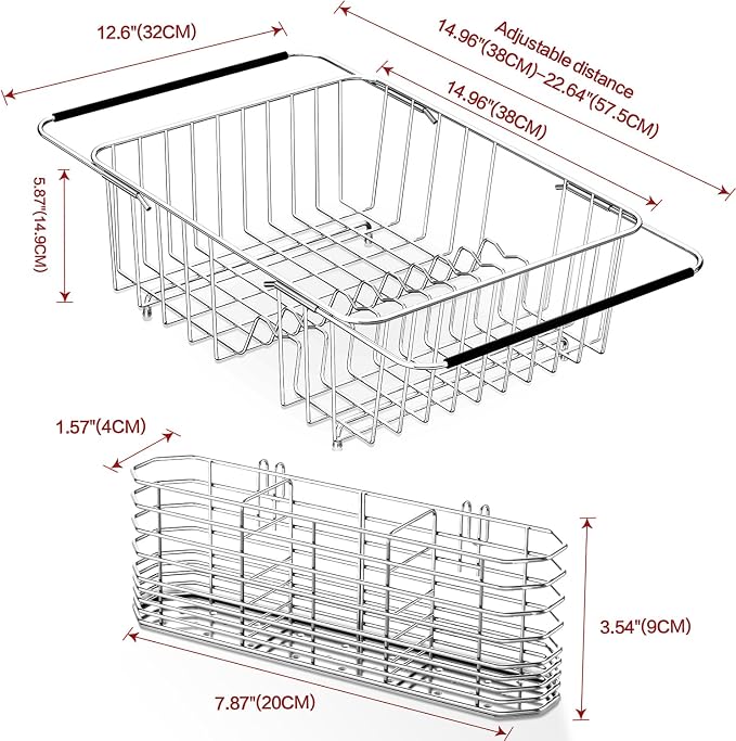 Fanbsy Large Dish Drainer Rack in Sink Adjustable, Expandable 304 Stainless Steel Metal Dish Drying Rack Organizer with Stainless Steel Utensil Holder Over Inside Sink Counter, Rustproof - Image 2