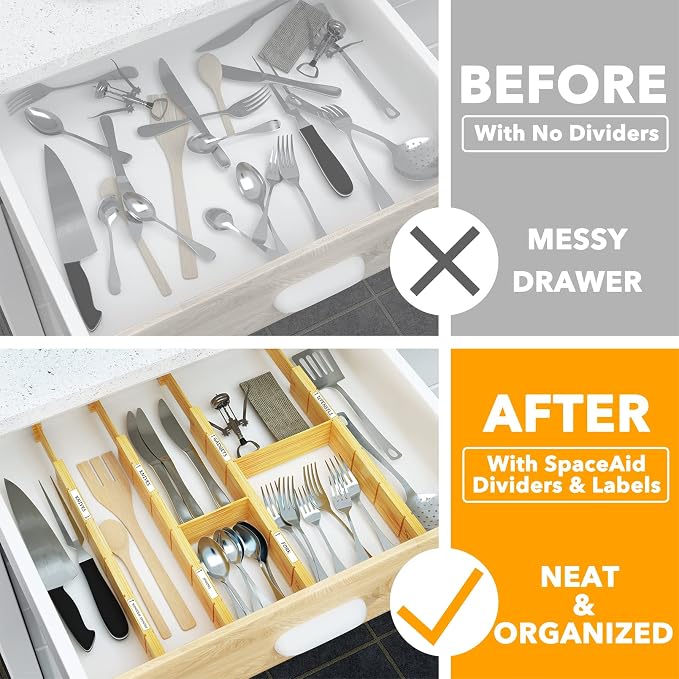 SpaceAid Bamboo Drawer Dividers with Inserts and Labels, 4 Dividers with 9 Inserts (17-22 in), Bag Storage Organizer (4 Pack) - Image 2