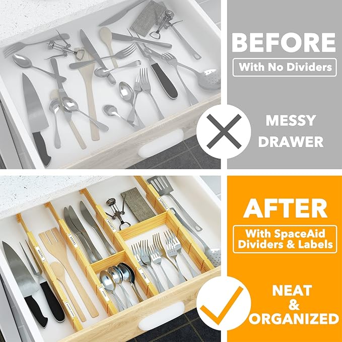 SpaceAid Bamboo Drawer Dividers with Inserts and Labels, 4 Dividers with 9 Inserts (17-22 in), Bag Storage Organizer (1 Box 4 Slots) - Image 2