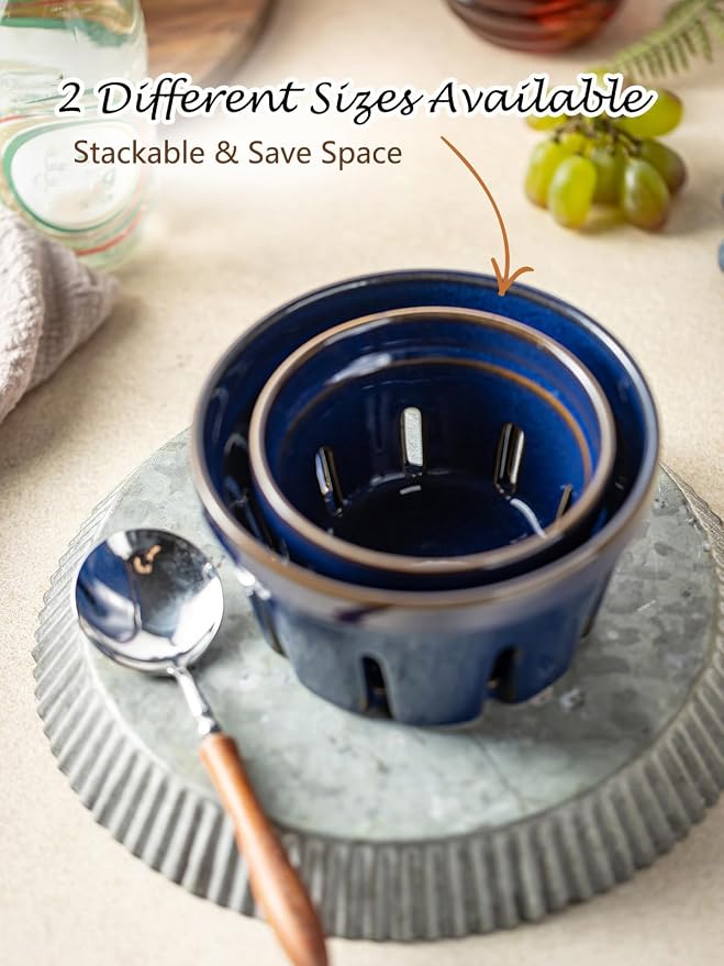 Gomakren Ceramic Berry Basket Set of 2, Fruit Bowl with Holes, Cobalt Blue | Drain Holes Keep Berries Fresh, Stackable Space-Saving, Dishwasher Safe, Versatile Fruit Serving & Farmhouse Kitchen Decor - Image 6