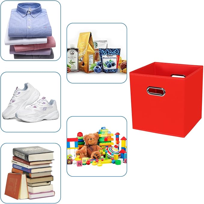 Black Fabric Cubby Storage Bins,13x13x13 Inches ,Cube Organizer Bin Foldable Storage Boxes with Dual Handles Fabric Organizer Box and collapsible Storage basket,Set of 6 ,Red - Image 3