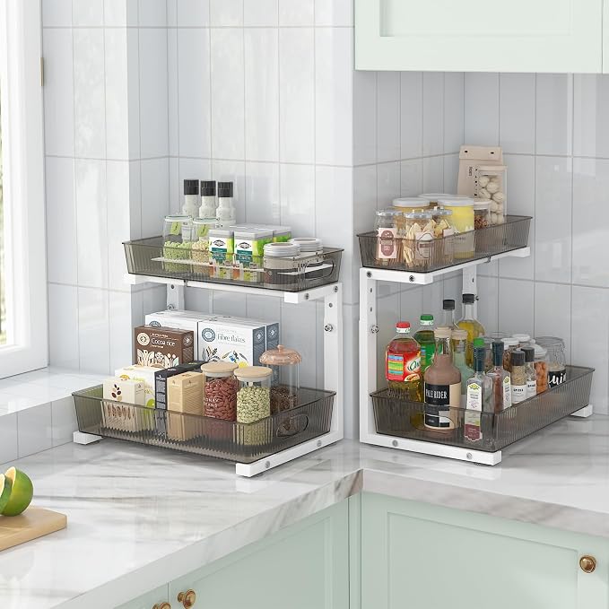 ADRIMER Under Sink Organizer 2 Packs, Pull Out Kitchen Sink Organizer, 2 Tier Slide Out Kitchen Organizers and Storage Bathroom Under Cabinet Storage Shelf, Grey & White - Image 6
