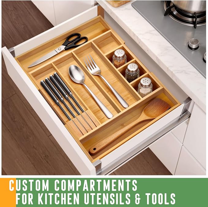Bamboo Expandable Drawer Organizer, 15"-22" Storage Tray | Expandable 15"-22" bamboo drawer organizer with removable dividers, customizable storage for kitchen, makeup and office. - Image 5