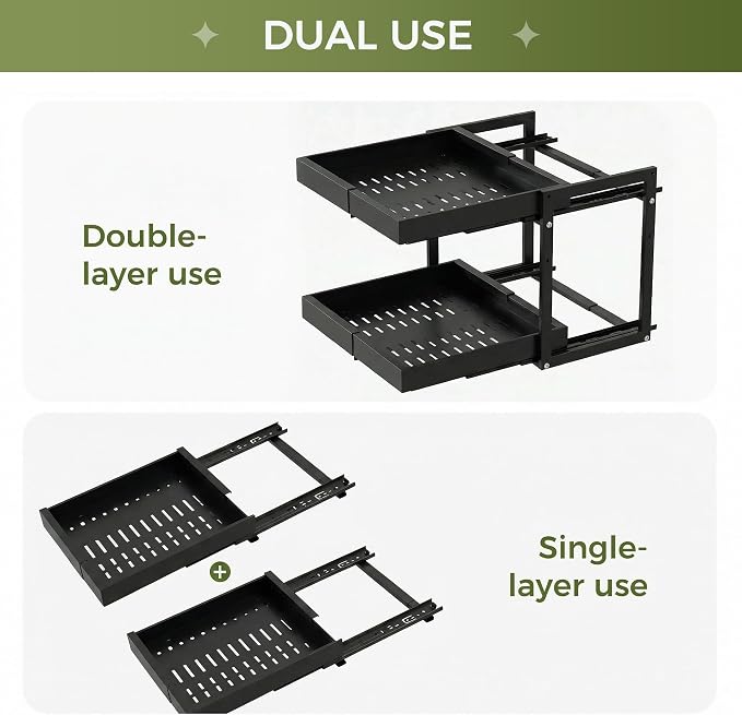 Abalter Expandable Pull Out Cabinet Organizer(12-18.5" W x 21" D), 2-Tier Slide Out Drawer for Kitchen Cabinets, Slide Out Shelves for Kitchen Countertop, Bathroom, Pantry, Heavy Duty Caddy(Black) - Image 2