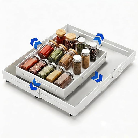 Pull out Cabinet Organizer, Full Metal Expandable Width (14.8"-20.8") & Depth (12.4"-17.7") Adjustable Slide out Drawers, No Drill Adhesive Roll out Shelves for Kitchen Pantry, White by AmzAgeHomeKitchen