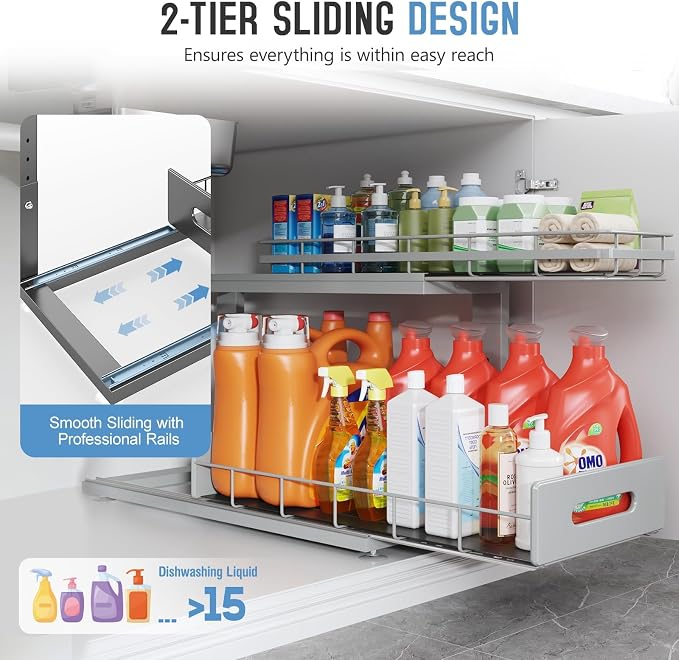 Under Sink Organizer Upgrade To Professional Rails,2-Tier Dual Pull Out Cabinet Storage,Height Adjustable Slide Out Drawers For Bathroom Kitchen,2 Pack-21"Dx12.8"-16.9"H,Gun Gray - Image 5