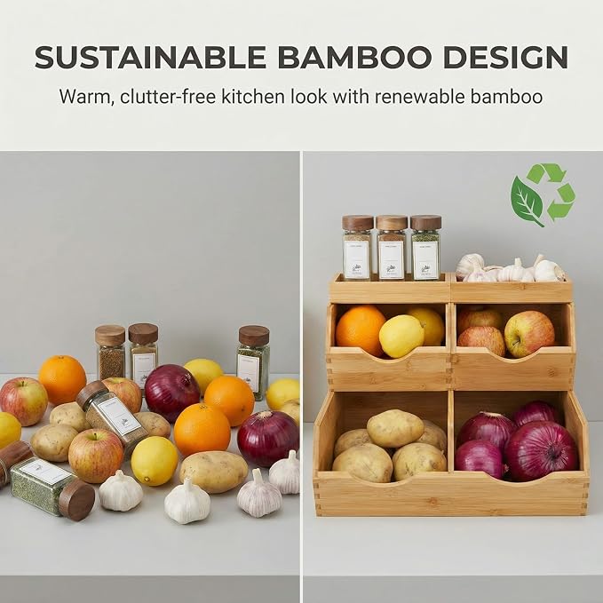 Bamboo Pantry Storage Bins Set 5 Pieces - Stackable Baskets, Potato and Onion Storage, Bamboo Wood Storage Bins for Pantry Baskets Organization and Storage, Kitchen Essential - Image 6