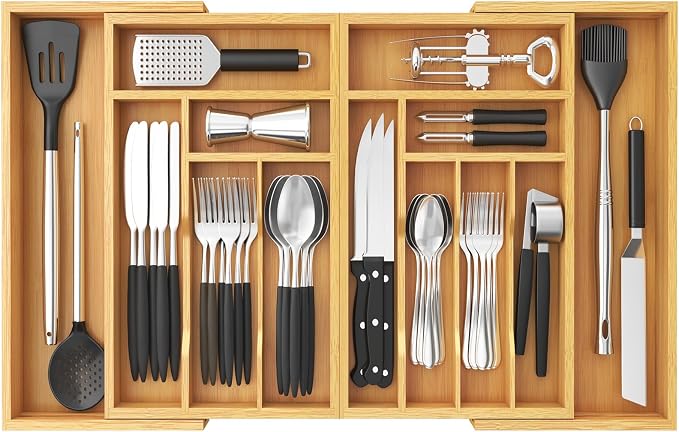 Lifewit Large Silverware Drawer Organizer, Bamboo Utensil Tray for Kitchen | Expandable 21.4 to 36 Inches Wide, Adjustable Flatware and Cutlery Holder for Spoons Forks Knives, 13 Compartments, Natural by Lifewit