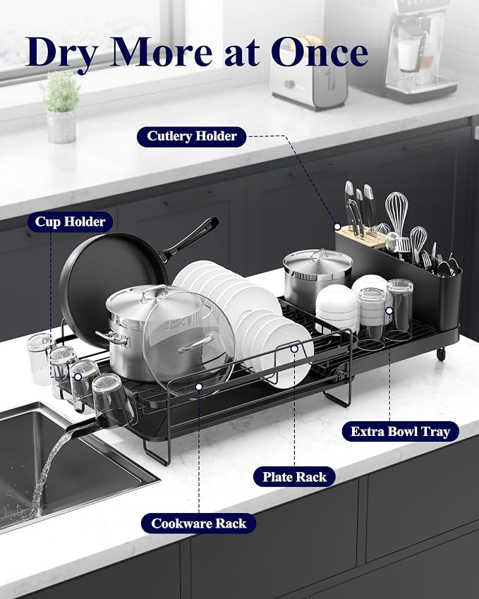 Kitsure Extendable Dish Drying Rack, 19.2"-26.7" L x 12.9" W, Black | Large Dish Rack, Multifunctional Dish Rack for Kitchen Counter, Anti-Rust Dish Drainers with Cutlery & Cup Holders - Image 2