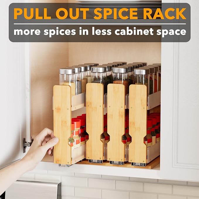 SpaceAid Bamboo Pull Out Spice Rack Organizer for Cabinet, Heavy Duty Slide Out Seasoning Kitchen Pantry Sliding Vertical Organization, 10.1" Wide, 4 Drawers(2" Wide), 2-Tier, Natural - Image 5