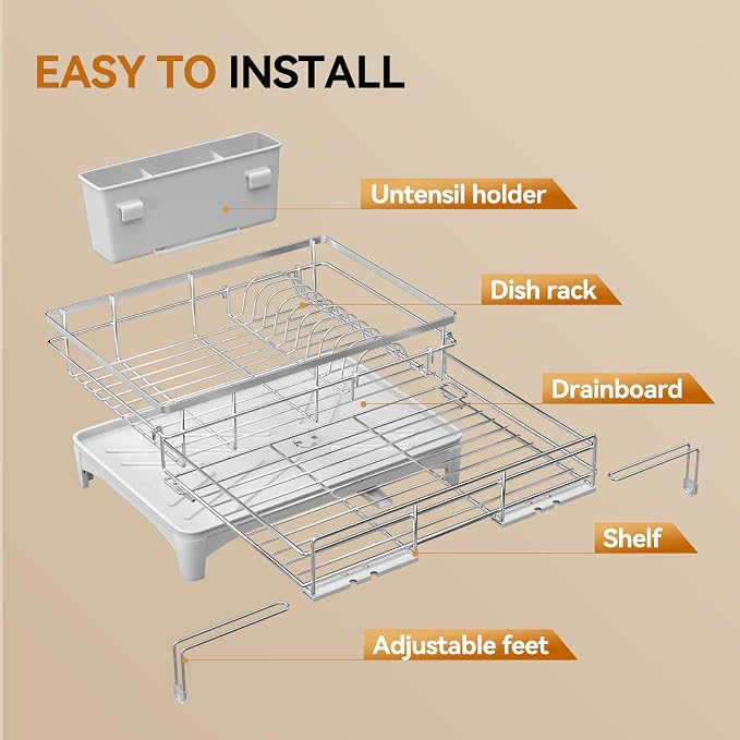 Laveshop Dish Drying Rack, 304 Stainless Steel Expandable Dish Drainer for Kitchen Counter, Space-Saving with Utensil Holder, Gray - Image 5