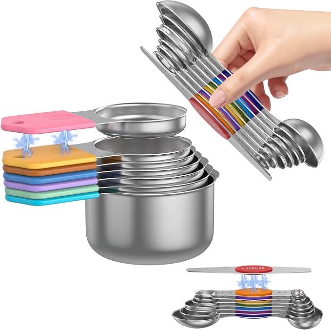 Magnetic Measuring Cups and Spoons Set – 304 Stainless Steel | Dual-Sided Markings | Space-Saving Kitchen Organizer | N52 Magnetic Nesting | 15-Piece with Leveler | Baking & Gift(Colorful) by Abtrino