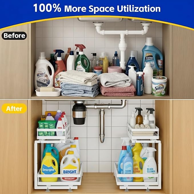 2-Tier Metal Pull-Out Under Sink Organizer, White, 1 Pack | Carbon steel 2-tier shelf, ball-bearing pull-out, adjustable height, no-drill setup, for bathroom and kitchen cabinets - Image 6