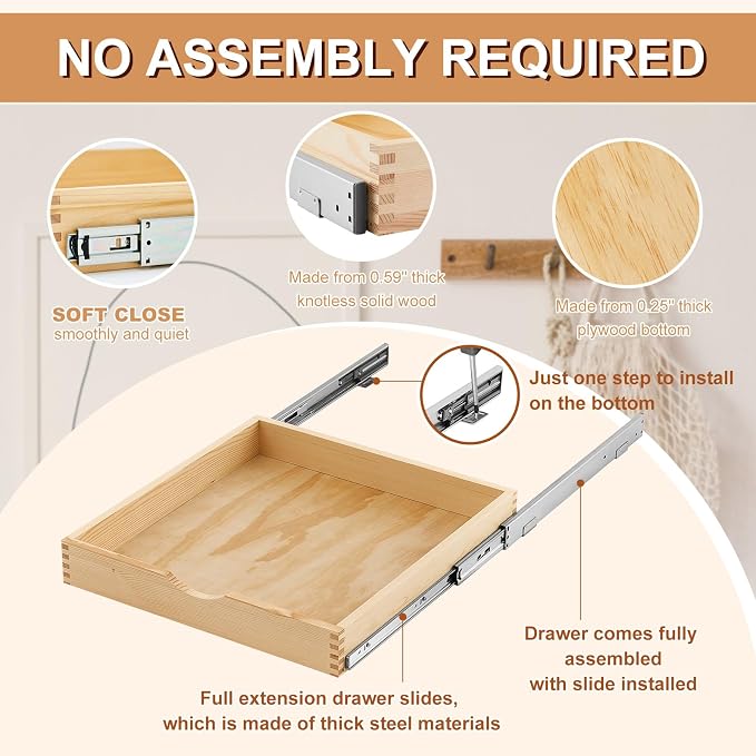 2 Set Wooden Pull out Cabinet Organizer Fully Assembled Slide out Pantry Drawer with Gentle Close Storage Shelf Tray for Base Kitchen Under Sink Bathroom Accessory(Wood Color,21'' X 21'' X 3'') - Image 3