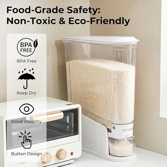 UFORU Slim Rice Dispenser 11 LB,Clear Rice Storage for Small Spaces | White,BPA-Free Sealed Design for Rice, Grain and Cereal,Rice Container Fits Narrow Pantry Shelves and Countertops - Image 3