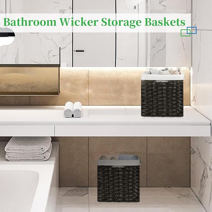 Bidtakay Wicker Cube Baskets with Liners 11 inch 2 Pack Waterproof Imitation Hand-Woven Wicker Storage Baskets for Shelves and Organizing Pantry and Bedroom Blackish-tan - Image 5