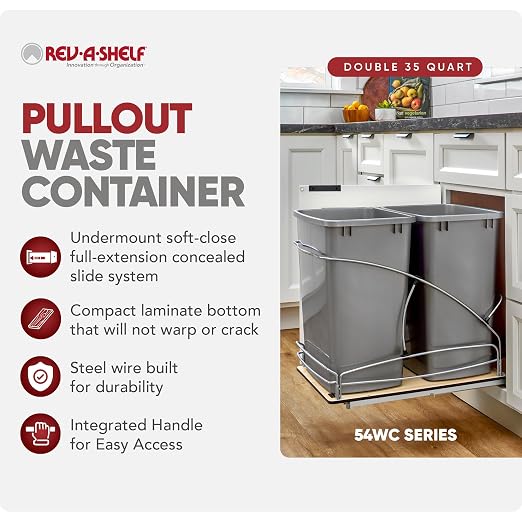 Rev-A-Shelf Double Pullout Trash Can w/Soft-Close Slides, 14.5" Min Opening | Large Capacity Garbage/ Recycling Waste Bins for Under Kitchen Cabinets, Heavy Gauge Wire Construction, 54WC-1835SC-17-1 - Image 2